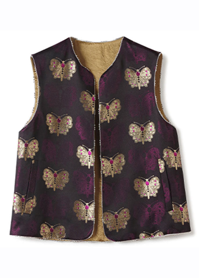 Vintage Purple Embroideried Nail Bead Silk Waistcoat Fall