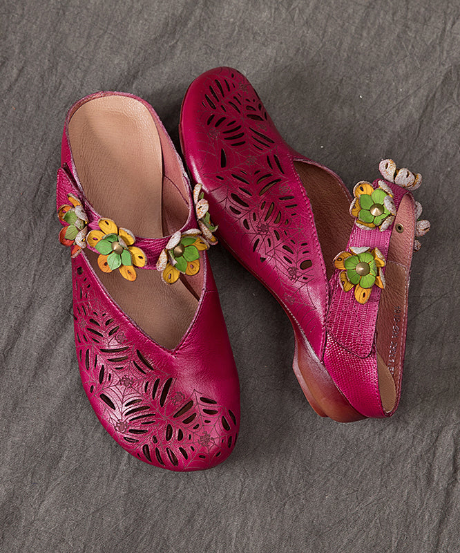 Vintage Purple Hollow Out Floral Cowhide Leather Slide Sandals