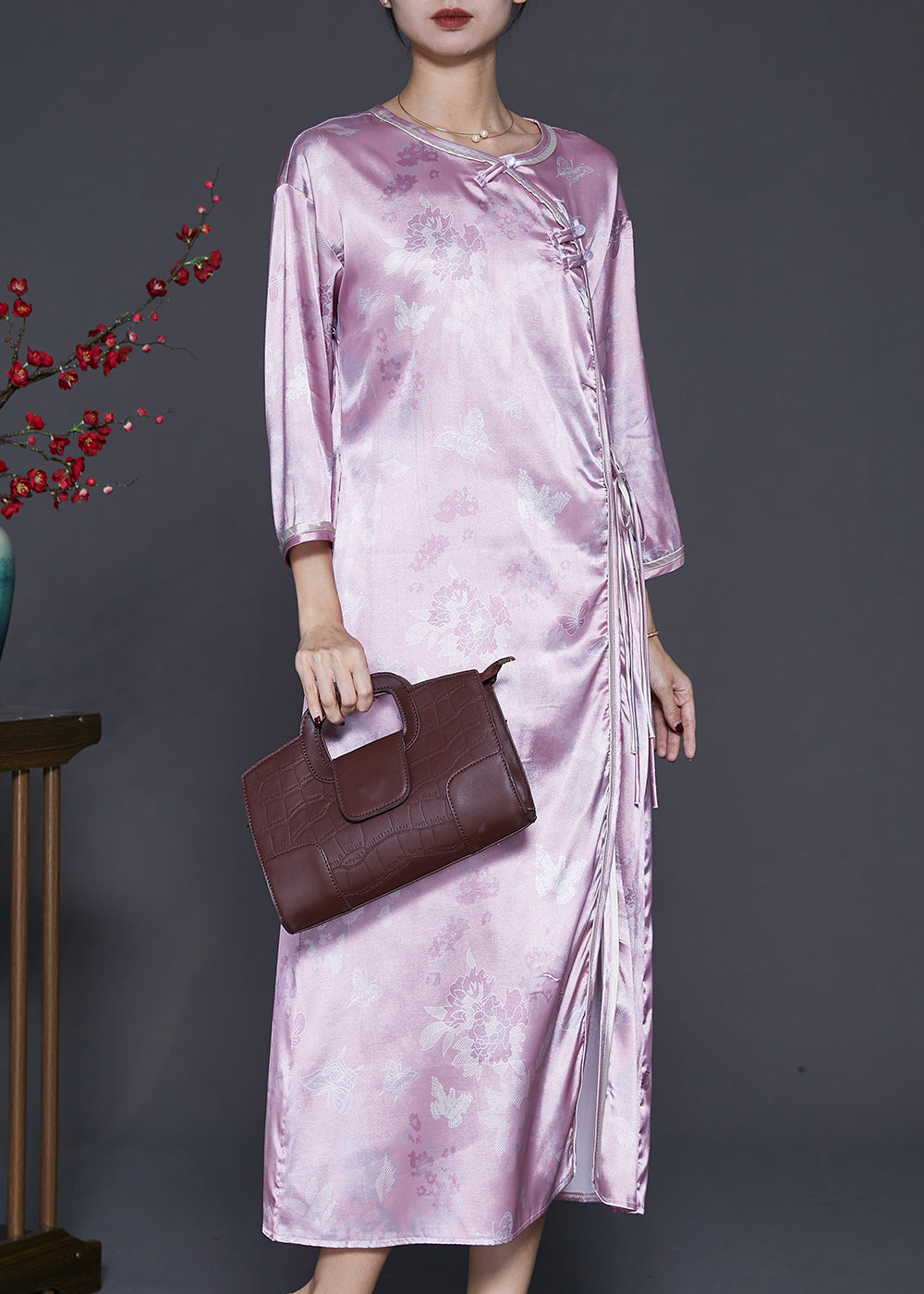 Vintage Purple Jacquard Oriental Silk Maxi Dresses Bracelet Sleeve
