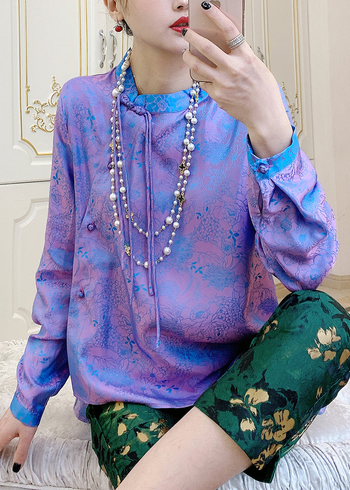 Vintage Purple Mandarin Collar Print Button Silk Shirt Top Spring