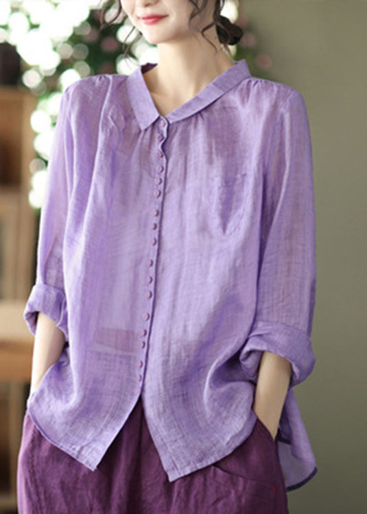Vintage Purple Peter Pan Collar Button Linen Shirt Long Sleeve