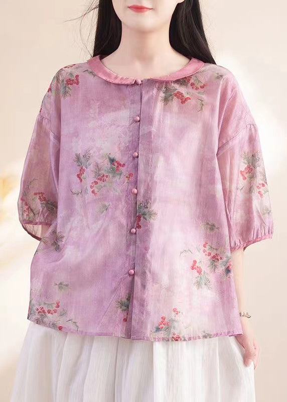 Vintage Purple Peter Pan Collar Print Patchwork Linen Shirt Tops Summer