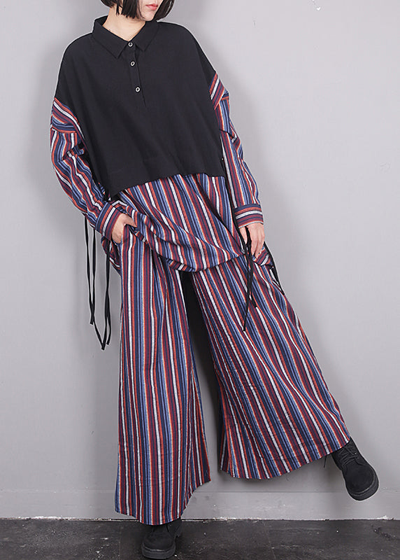 Vintage Purple Peter Pan Collar Striped Shirts And Pants Two Pieces Set Winter