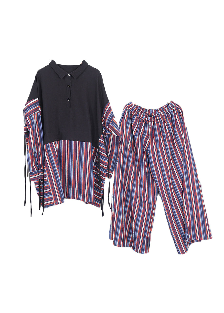 Vintage Purple Peter Pan Collar Striped Shirts And Pants Two Pieces Set Winter