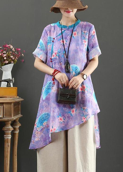 Vintage Purple Print Linen asymmetrical design Shirt Summer - Omychic