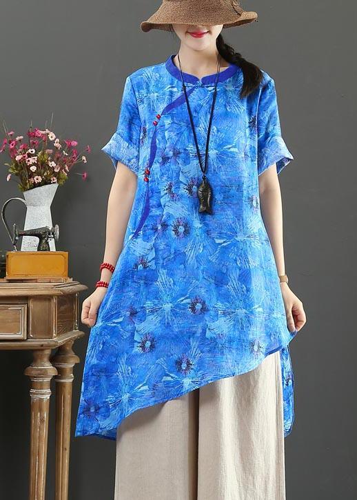 Vintage Purple Print Linen asymmetrical design Shirt Summer - Omychic