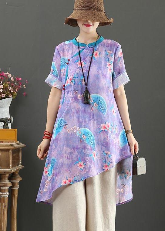 Vintage Purple Print Linen asymmetrical design Shirt Summer - Omychic