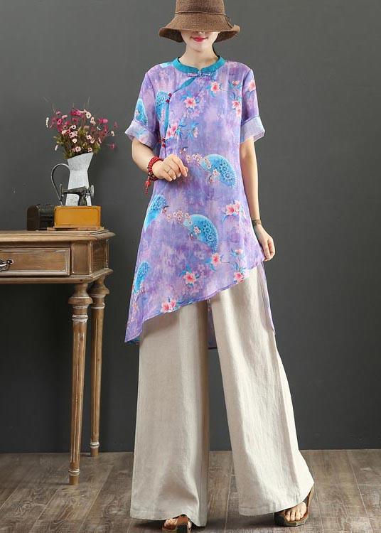 Vintage Purple Print Linen asymmetrical design Shirt Summer - Omychic