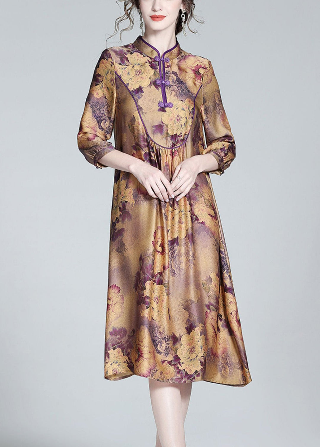 Vintage Purple Stand Collar Print Button Long Dress Spring