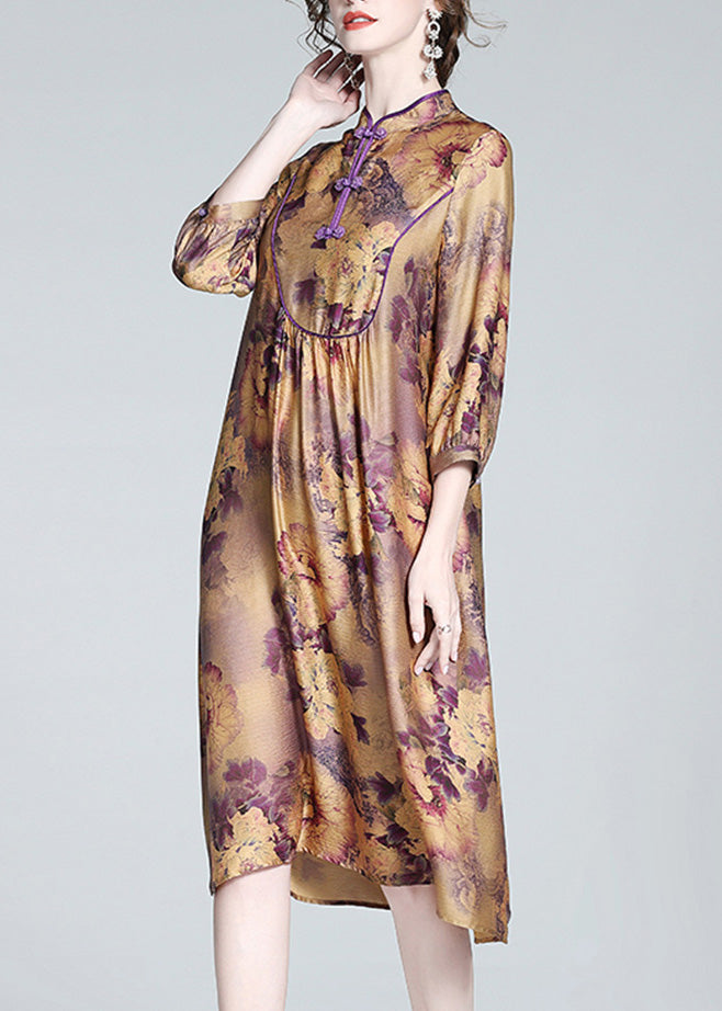 Vintage Purple Stand Collar Print Button Long Dress Spring