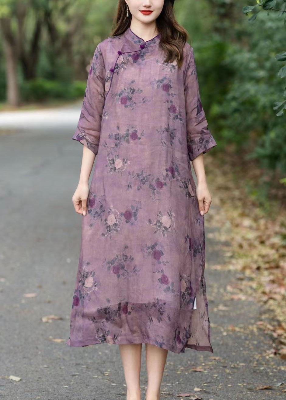 Vintage Purple Stand Collar Print Patchwork Linen Dress Summer