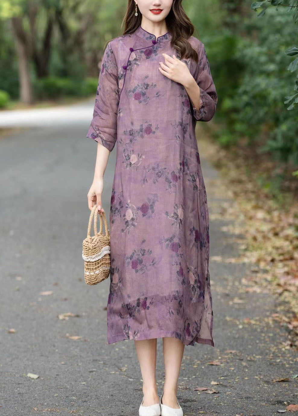 Vintage Purple Stand Collar Print Patchwork Linen Dress Summer