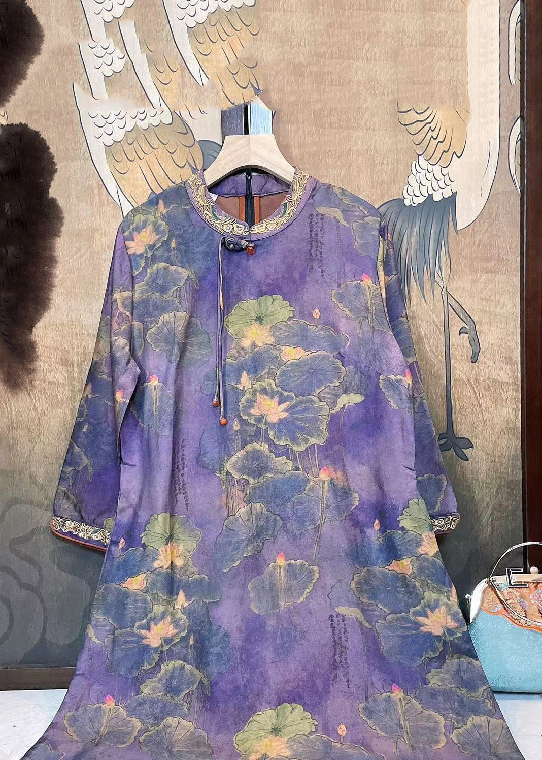 Vintage Purple Tasseled Embroideried Patchwork Silk Dresses Fall