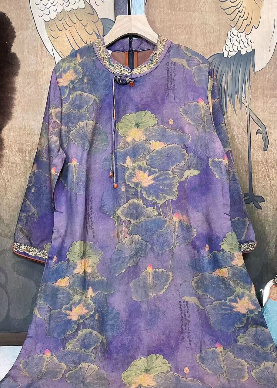 Vintage Purple Tasseled Embroideried Patchwork Silk Dresses Fall