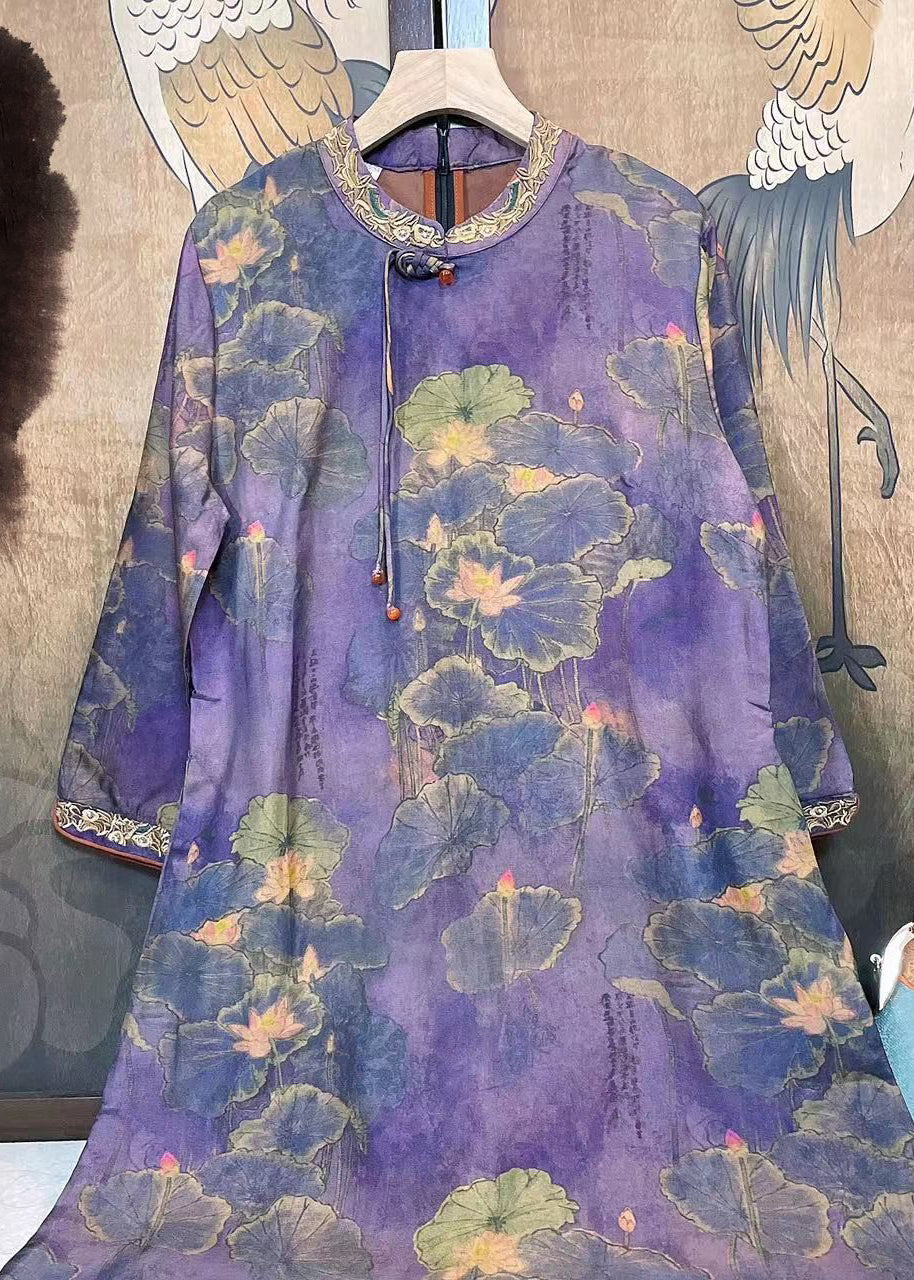 Vintage Purple Tasseled Embroideried Patchwork Silk Dresses Fall