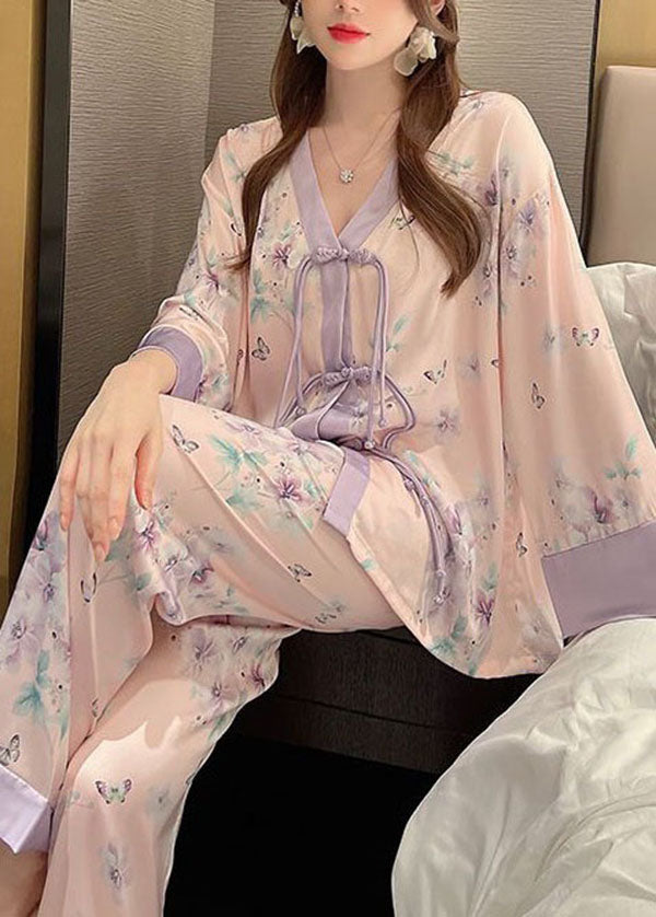 Vintage Purple Tasseled Patchwork Ice Silk Pajamas Two Pieces Set Spring - Omychic