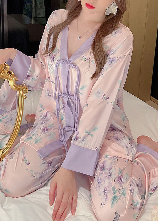 Vintage Purple Tasseled Patchwork Ice Silk Pajamas Two Pieces Set Spring - Omychic