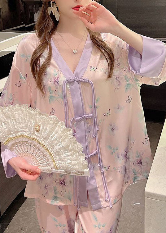 Vintage Purple Tasseled Patchwork Ice Silk Pajamas Two Pieces Set Spring - Omychic