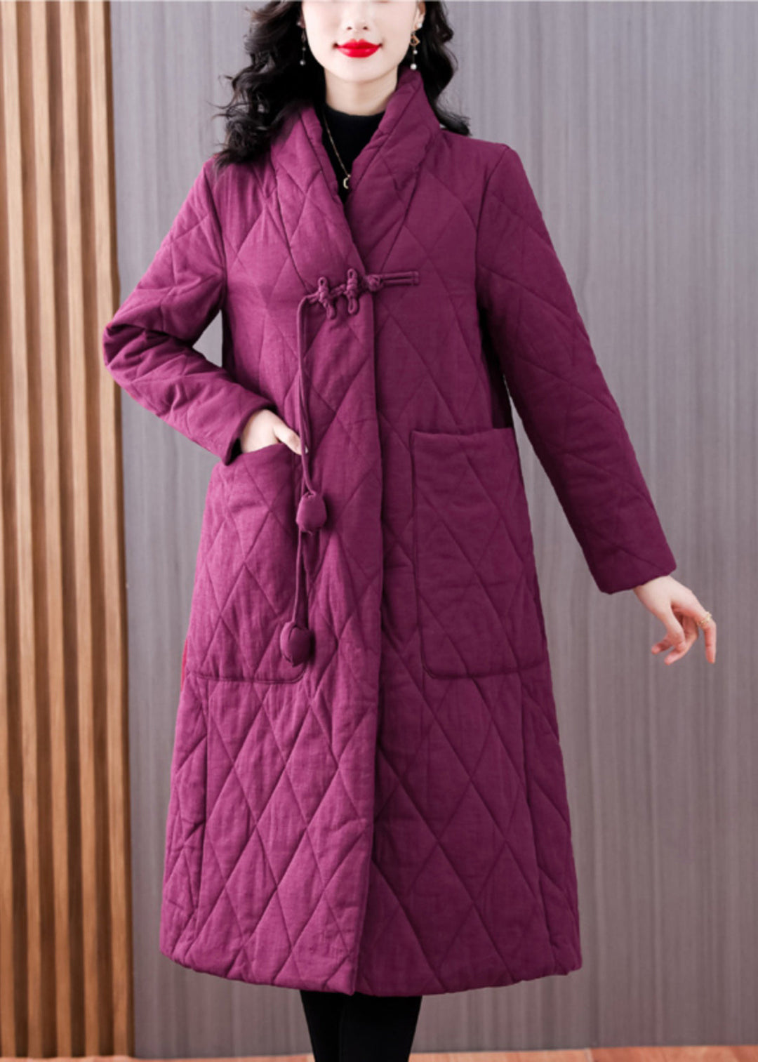 Vintage Purple V Neck Pockets Chinese Button Fine Cotton Filled Coat Winter