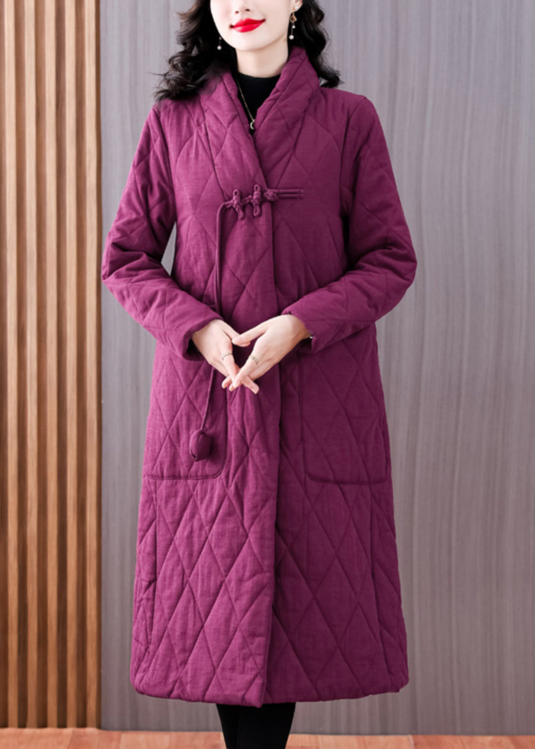 Vintage Purple V Neck Pockets Chinese Button Fine Cotton Filled Coat Winter