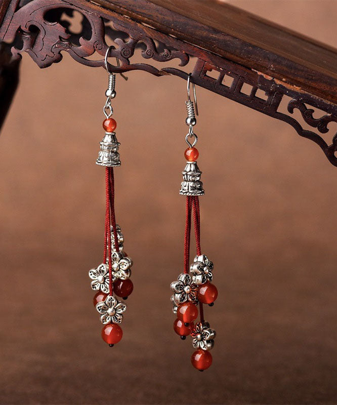 Vintage Red Agate Beads Silver Flower Drop Earrings