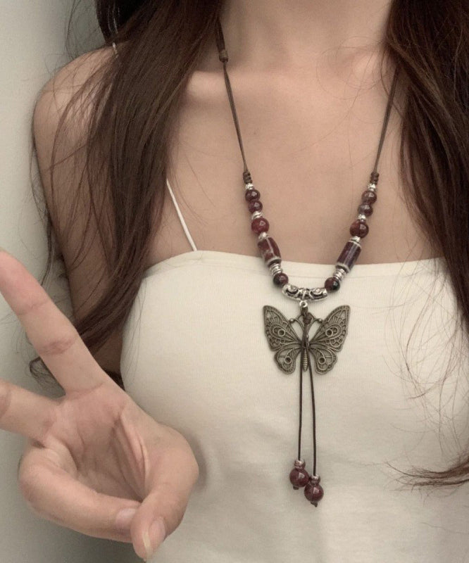 Vintage Red Alloy Gem Stone Butterfly Hollow Out Pendant Necklace