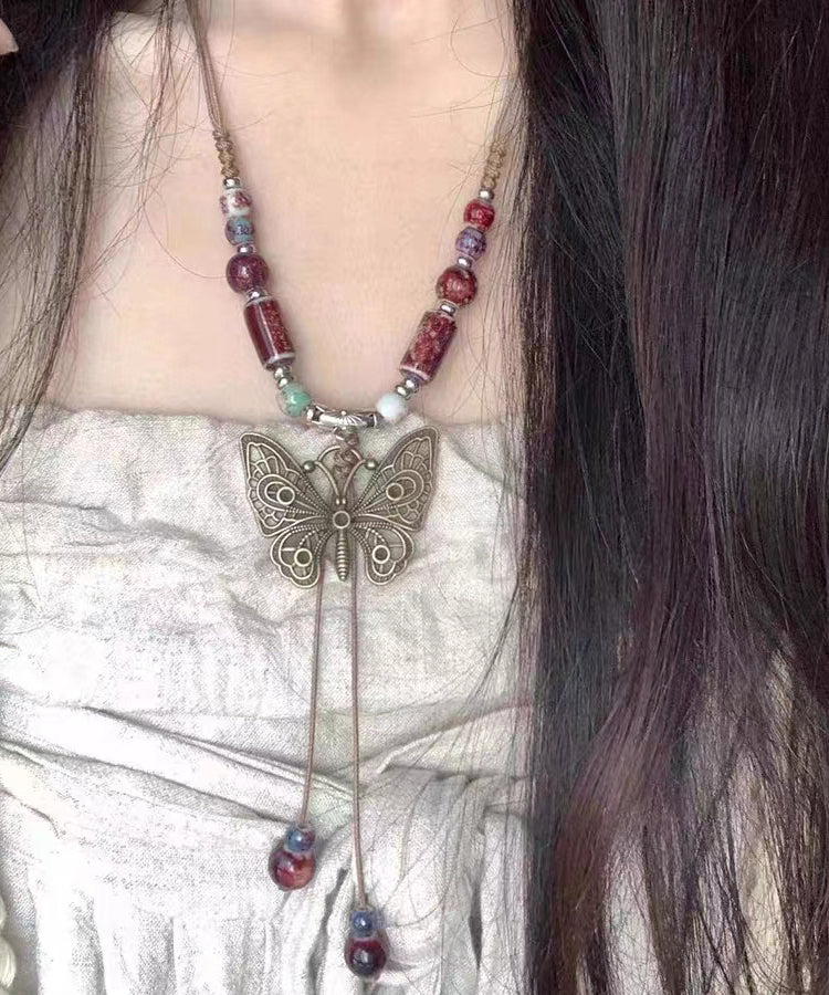 Vintage Red Alloy Gem Stone Butterfly Hollow Out Pendant Necklace