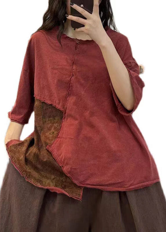 Vintage Red Asymmetrical Patchwork Cotton T Shirt Tops Summer