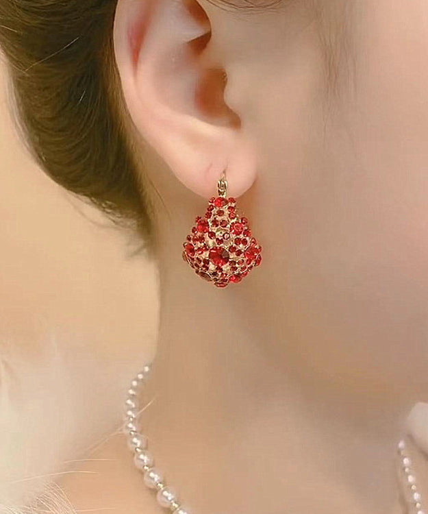 Vintage Red Copper Overgild Inlaid Zircon Hollow Out Water DropStud Earrings
