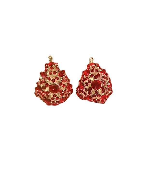 Vintage Red Copper Overgild Inlaid Zircon Hollow Out Water DropStud Earrings