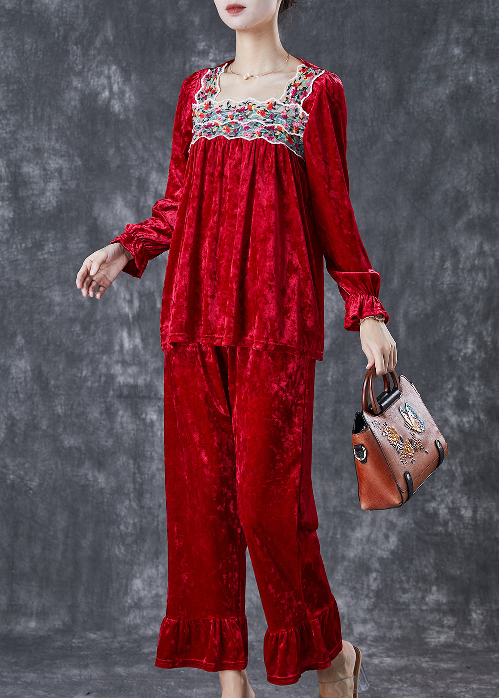 Vintage Red Embroideried Patchwork Silk Velour Women Two Piece Set Fall