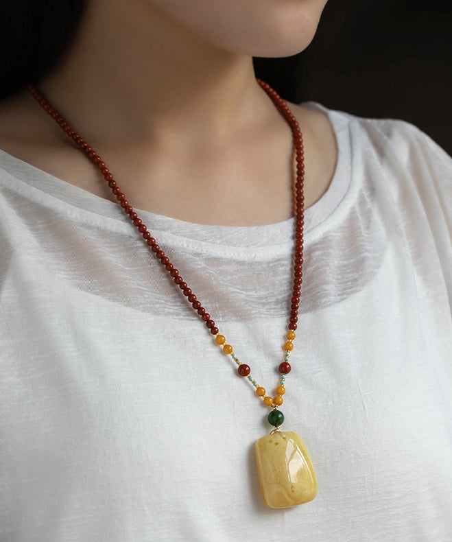Vintage Red Hand Woven Agate Beeswax Pendant Necklace