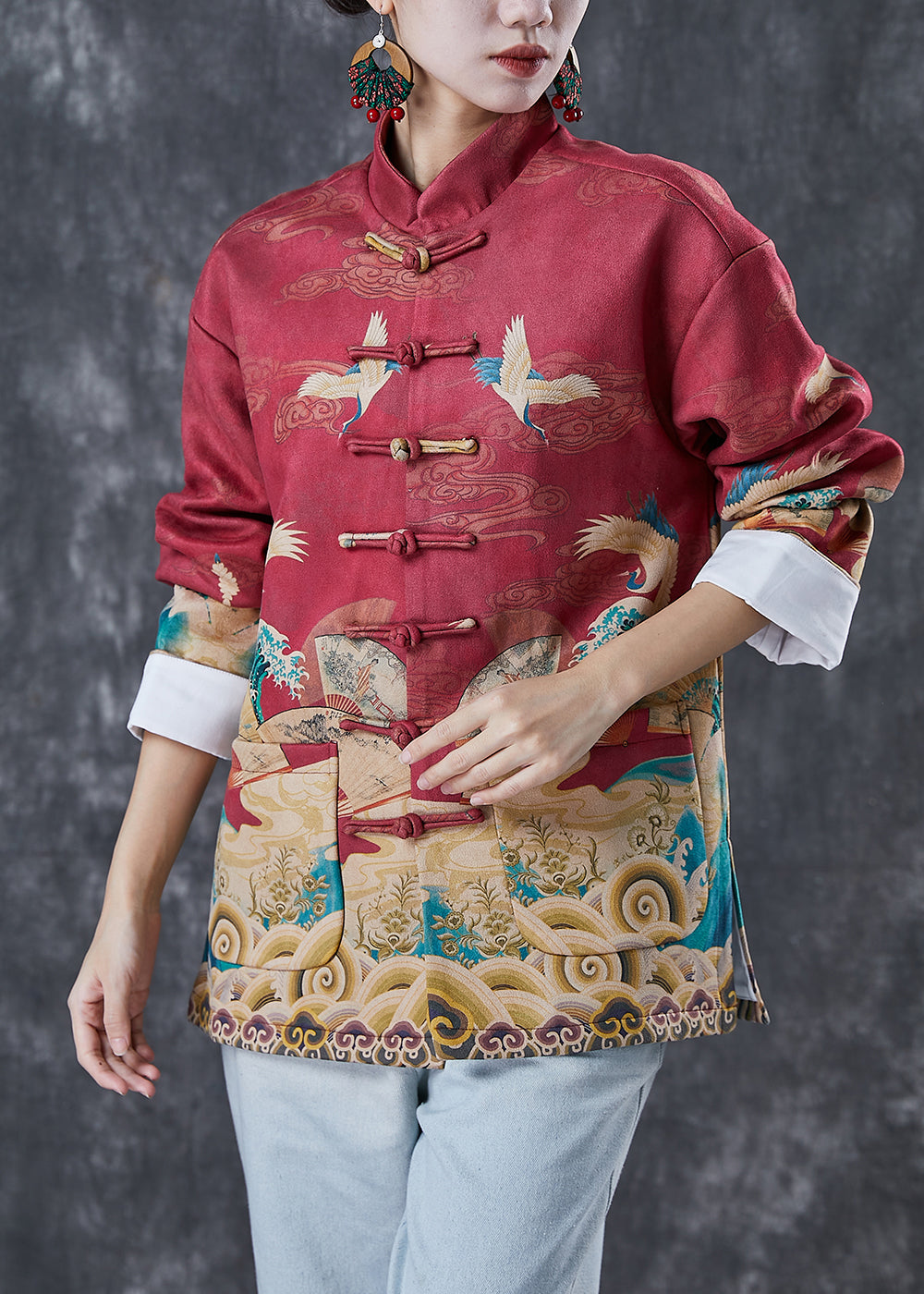 Vintage Red Mandarin Collar Print Cotton Shirt Top Spring