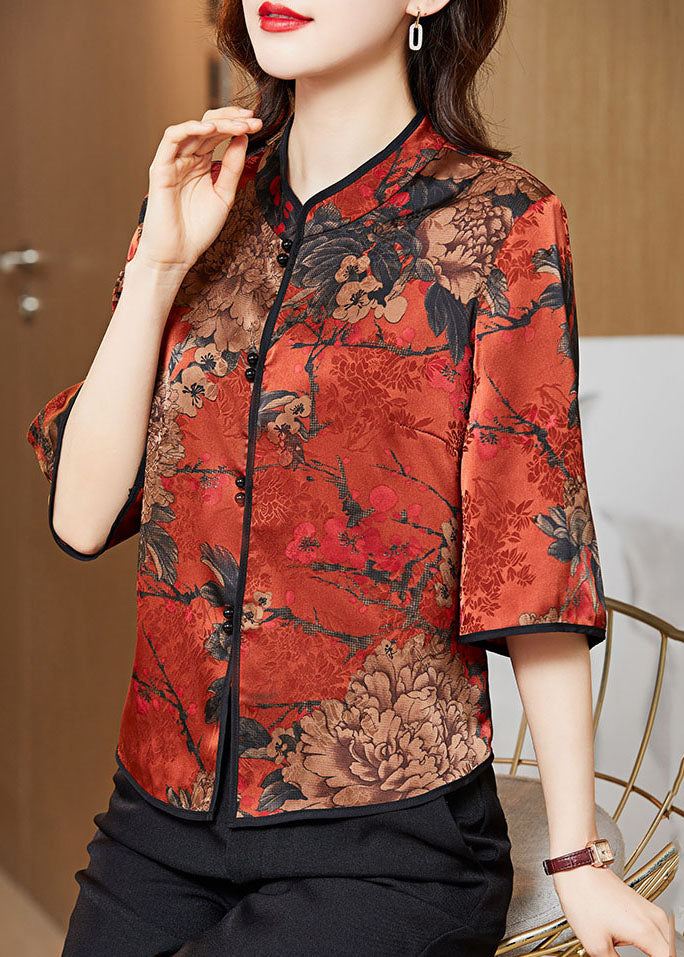 Vintage Red-print4 Mandarin Collar Print Silk Shirt Tops Half Sleeve