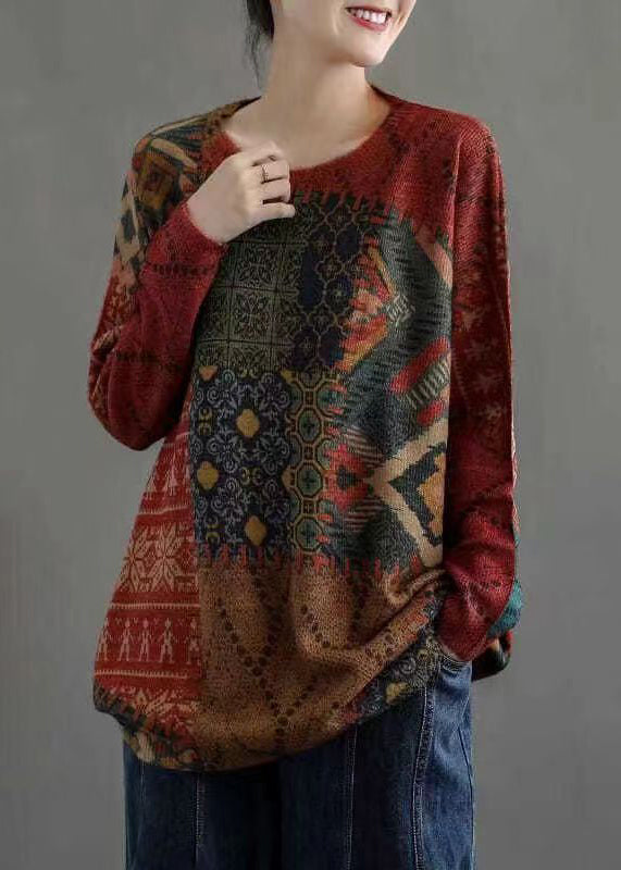 Vintage Red O Neck Print Cozy Mink Hair Knitted Sweaters Long Sleeve