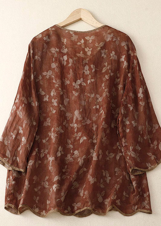 Vintage Red-brown O Neck Print Patchwork Linen Shirt Bracelet Sleeve