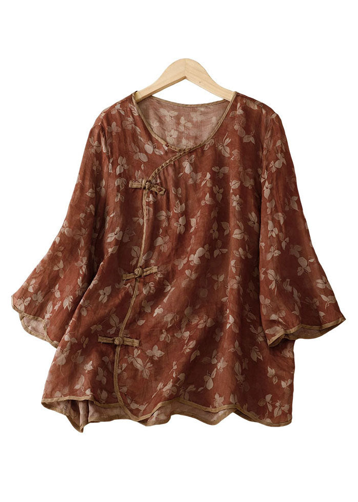 Vintage Red-brown O Neck Print Patchwork Linen Shirt Bracelet Sleeve