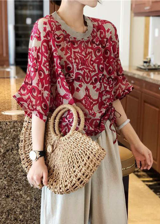 Vintage Red O Neck Zircon Print Patchwork Chiffon Top Summer