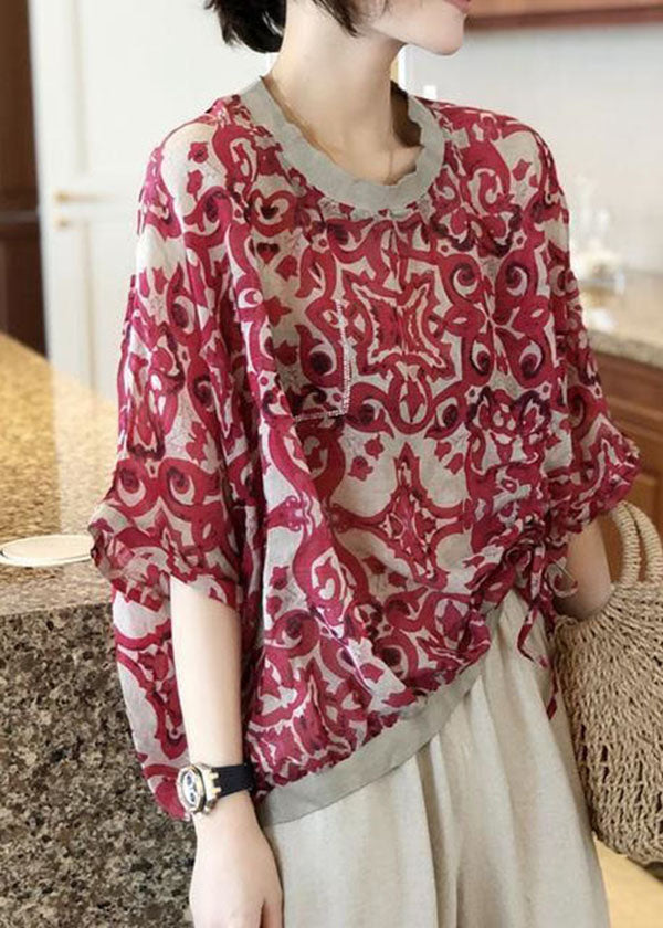 Vintage Red O Neck Zircon Print Patchwork Chiffon Top Summer