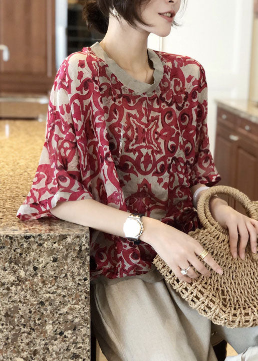 Vintage Red O Neck Zircon Print Patchwork Chiffon Top Summer