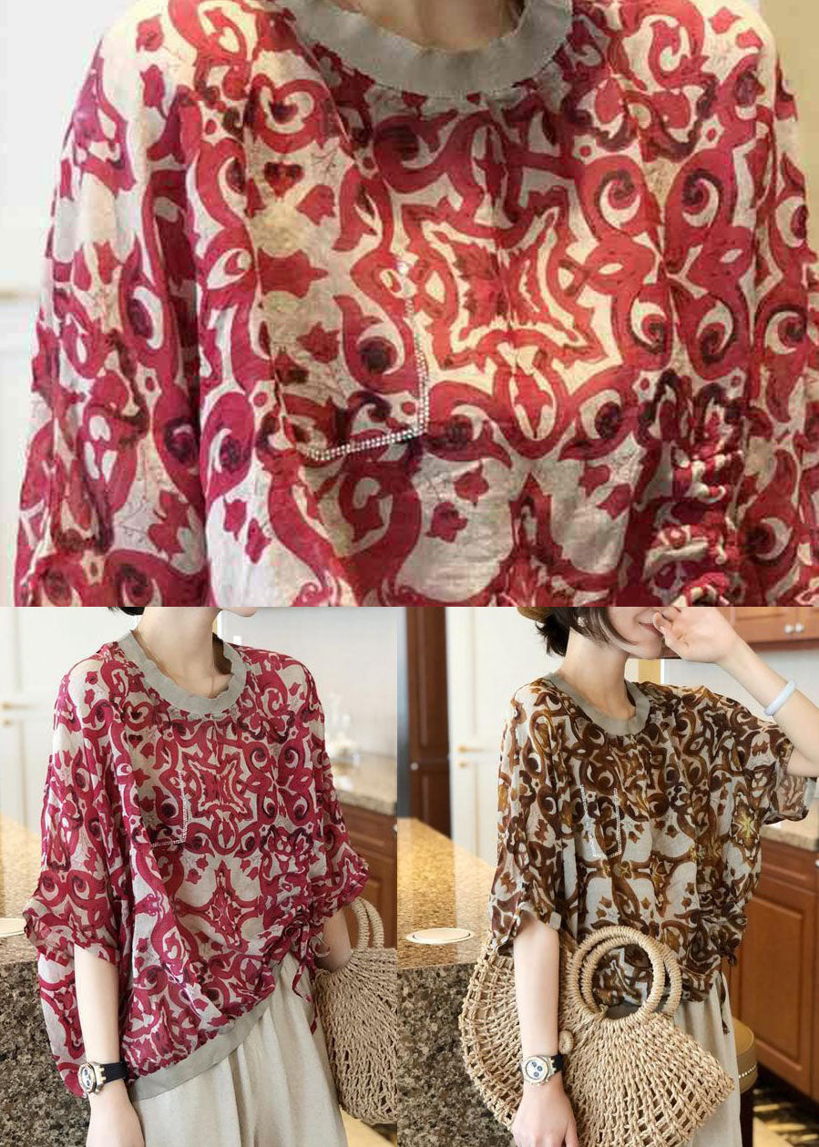 Vintage Red O Neck Zircon Print Patchwork Chiffon Top Summer