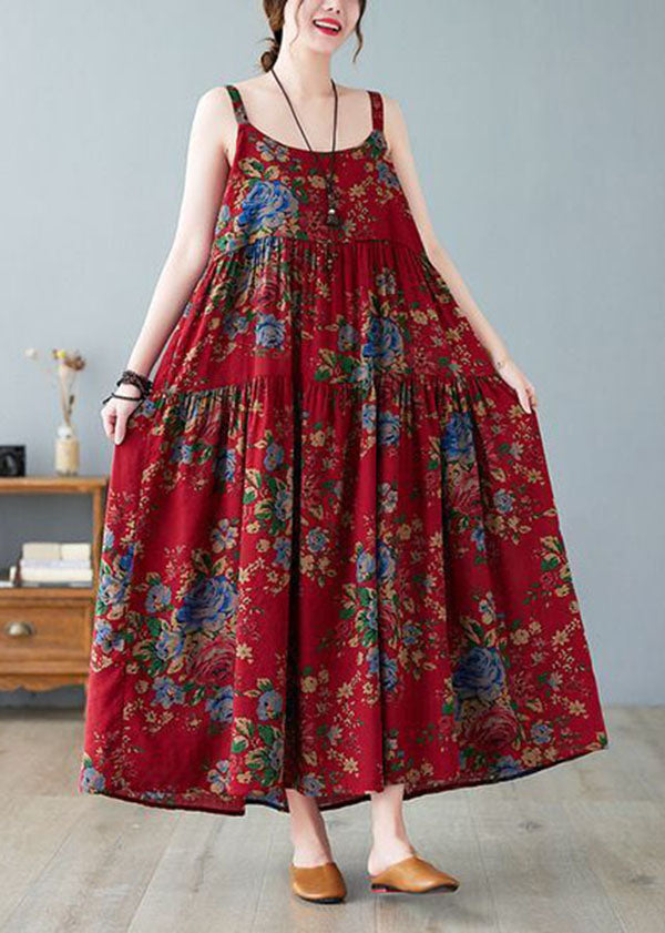 Vintage Red Oversized Print Cotton Spaghetti Strap Dress Dress Summer - Omychic