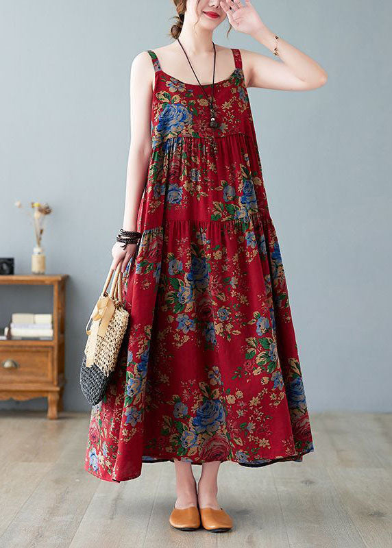 Vintage Red Oversized Print Cotton Spaghetti Strap Dress Dress Summer - Omychic