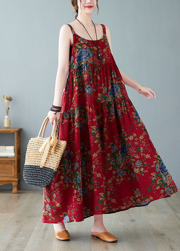 Vintage Red Oversized Print Cotton Spaghetti Strap Dress Dress Summer