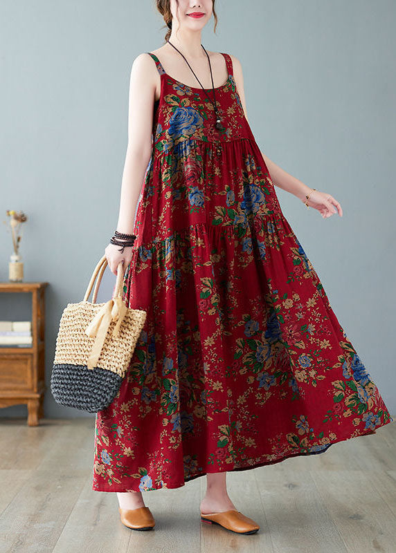 Vintage Red Oversized Print Cotton Spaghetti Strap Dress Dress Summer - Omychic