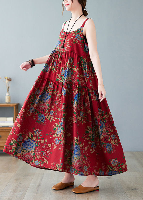 Vintage Red Oversized Print Cotton Spaghetti Strap Dress Dress Summer - Omychic