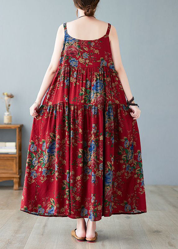Vintage Red Oversized Print Cotton Spaghetti Strap Dress Dress Summer - Omychic