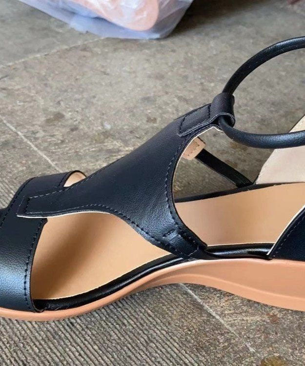 Vintage Black Peep Toe Zip Up Splicing Wedge Sandals