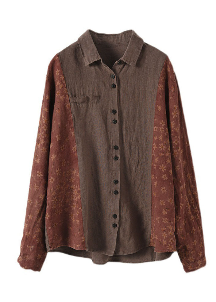 Vintage Red Peter Pan Collar Button Print Patchwork Linen Shirt Tops Long Sleeve
