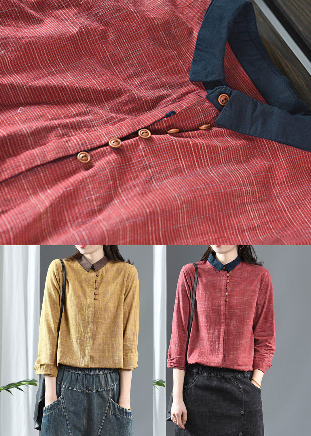Vintage Red Peter Pan Collar Patchwork Cotton Shirt Long Sleeve